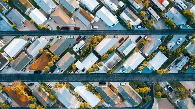Aerial view of streets and homes in a neighborhood